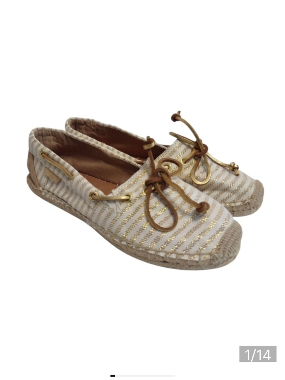 Sperry Top Siders Women Stripe Espadrille Shoes Gold Metallic Canvas Sz 6.5M